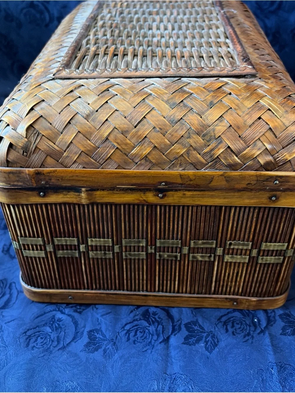 VTG Handwoven Rattan & Bamboo Trinket Box W/Metal Latch-13”x8.5”x7”
